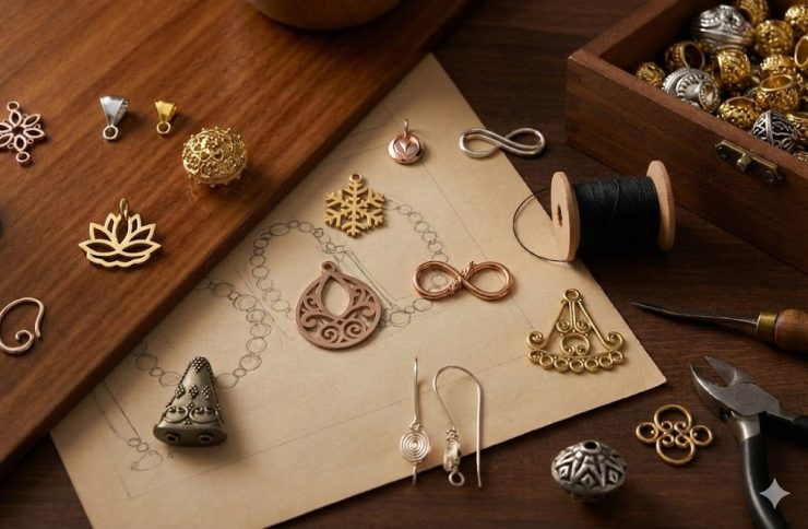 Gold, silver, and rose gold silver jewelry findings, charms, and earring hooks scattered over hand-drawn sketches on a wooden workbench, alongside jewelry pliers, thread, and a box of metal beads.